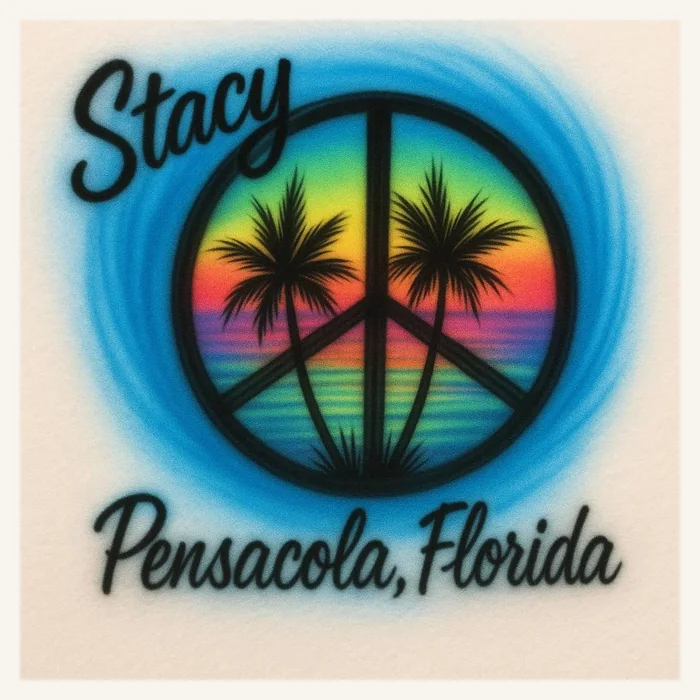 Stacy peace sign Pensacola Florida airbrush T-shirt design sample
