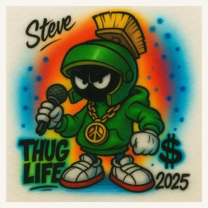 Steve green space rapper 2025 airbrush T-shirt design sample