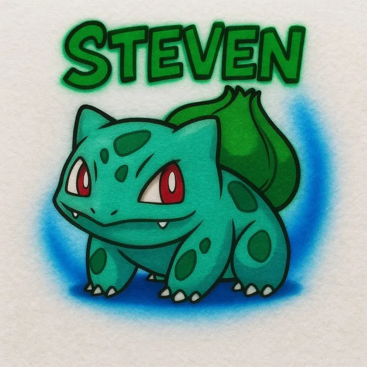 Steven personalized Bulbasaur character airbrush T-shirt design sample with green lettering and blue glow
