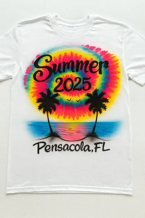 Summer 2025 Pensacola Florida airbrush T-shirt design with colorful sunset, palms and ocean