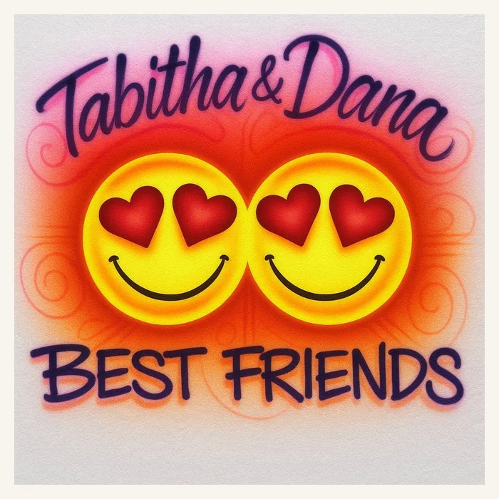 Tabitha and Dana best friends heart-eye smiley airbrush T-shirt design sample