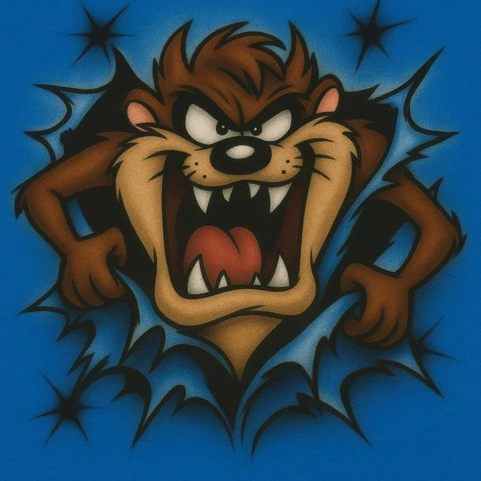 Tasmanian Devil breakthrough airbrush shirt design sample on blue shirt