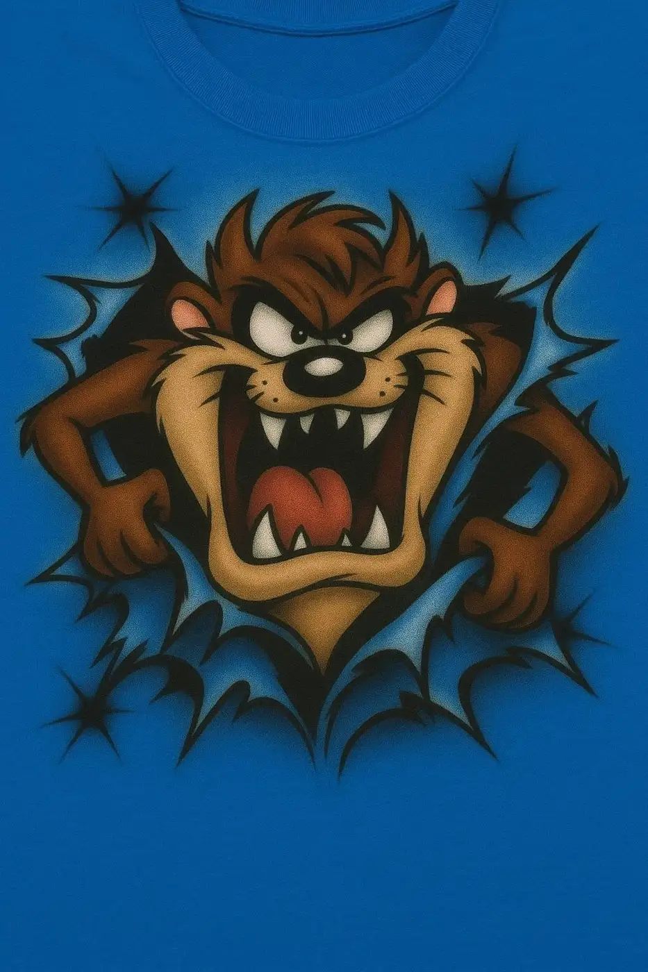 Tasmanian Devil breakthrough airbrush shirt design sample on blue shirt