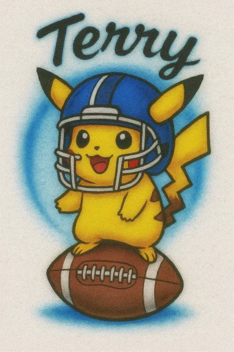 Terry personalized Pikachu football airbrush T-shirt design sample with helmet and football