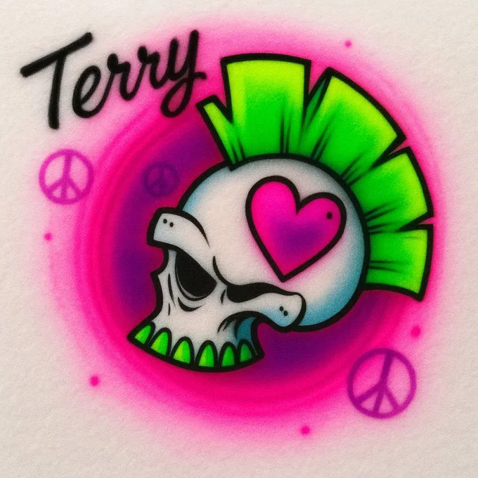 Terry personalized punk skull airbrush T-shirt design sample with neon mohawk