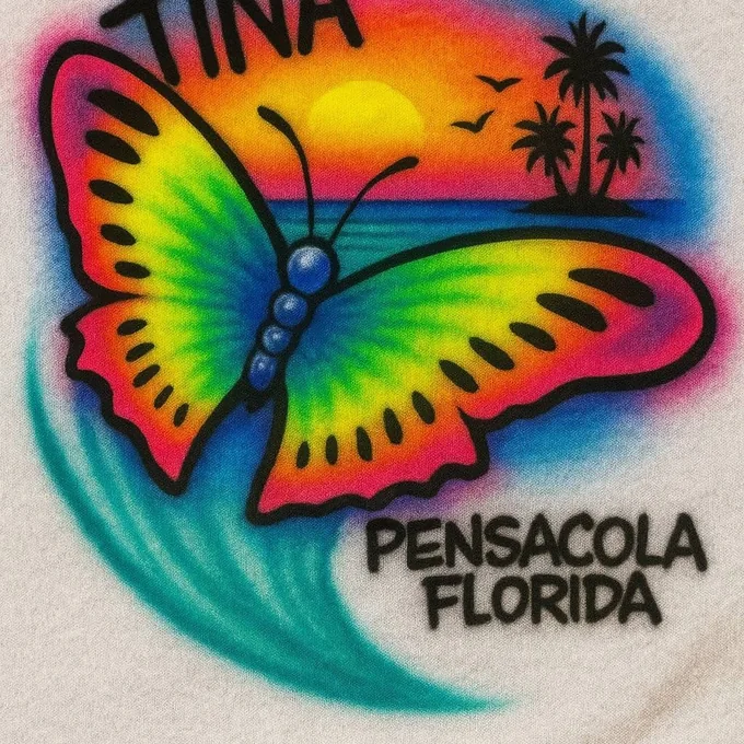 Tina butterfly beach sunset Pensacola Florida airbrush T-shirt design sample