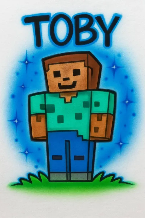 Toby personalized block-style game character airbrush T-shirt design sample with blue spray background