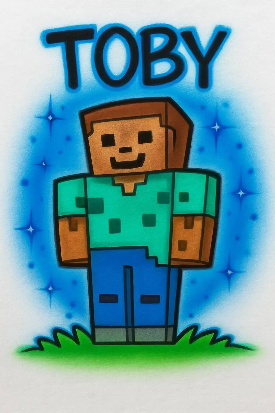 Toby personalized block-style game character airbrush T-shirt design sample with blue spray background