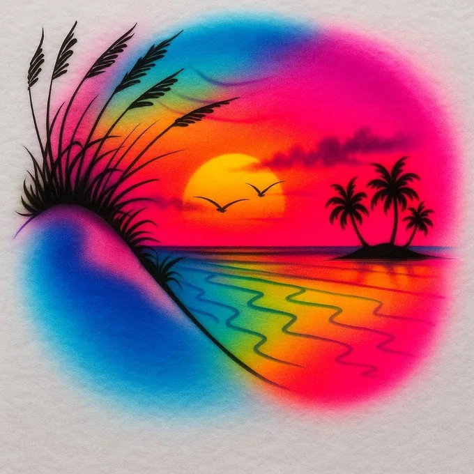 Tropical island sunset airbrush T-shirt design sample with palms and ocean