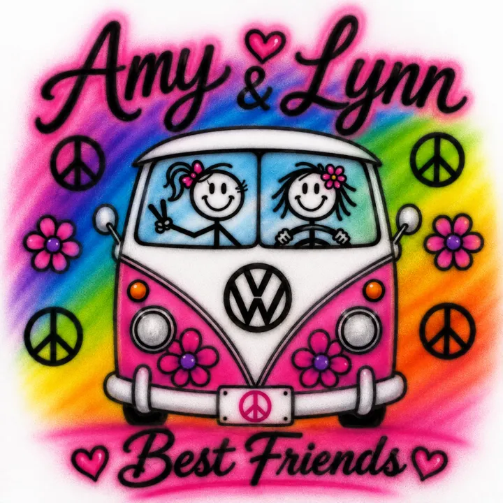 Amy and Lynn best friends personalized airbrush design with pink vintage van, flowers and peace signs