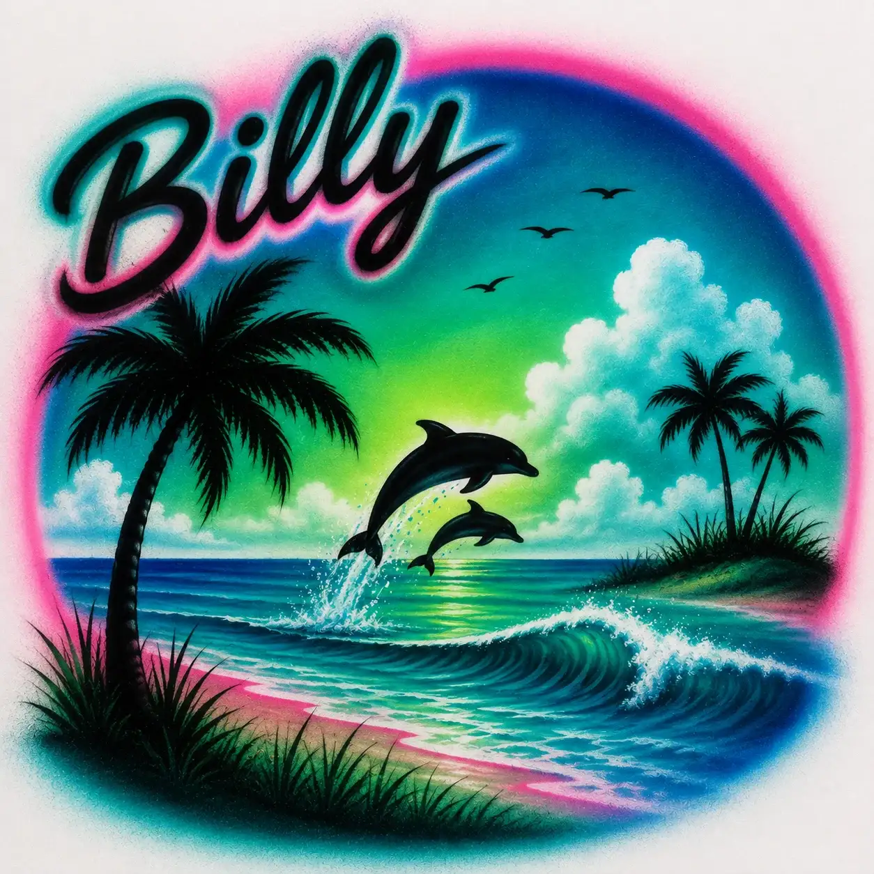 Billy personalized dolphin beach airbrush design with tropical palm trees and ocean waves