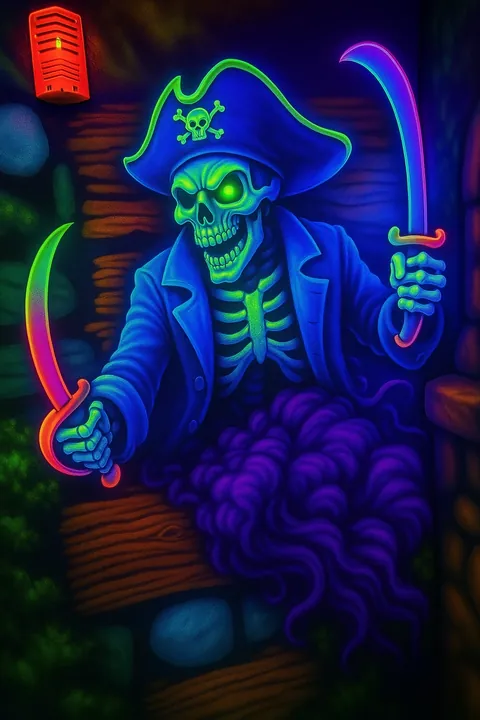 Neon blacklight pirate skeleton mural with glowing swords and ultraviolet colors