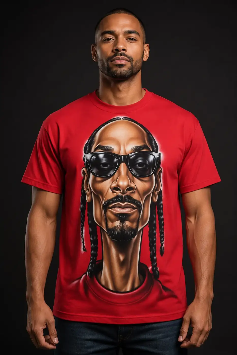 Custom portrait artwork on a red shirt