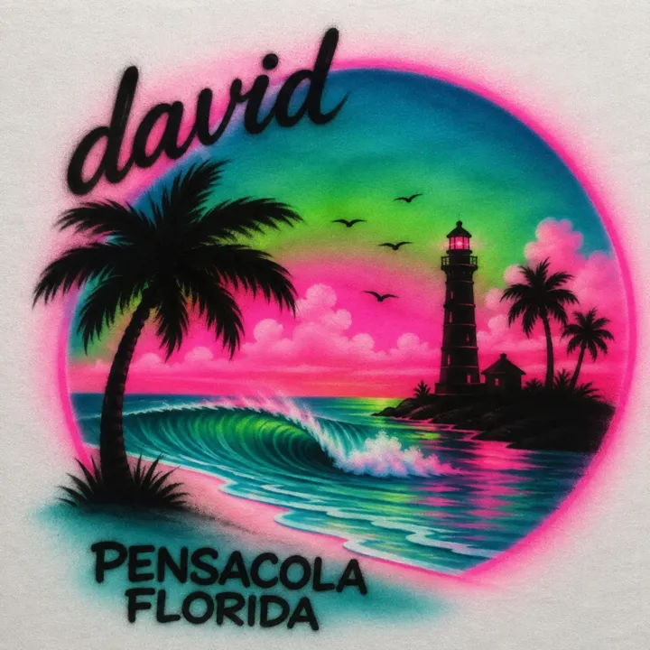David Pensacola Florida lighthouse and palm tree personalized airbrush beach design