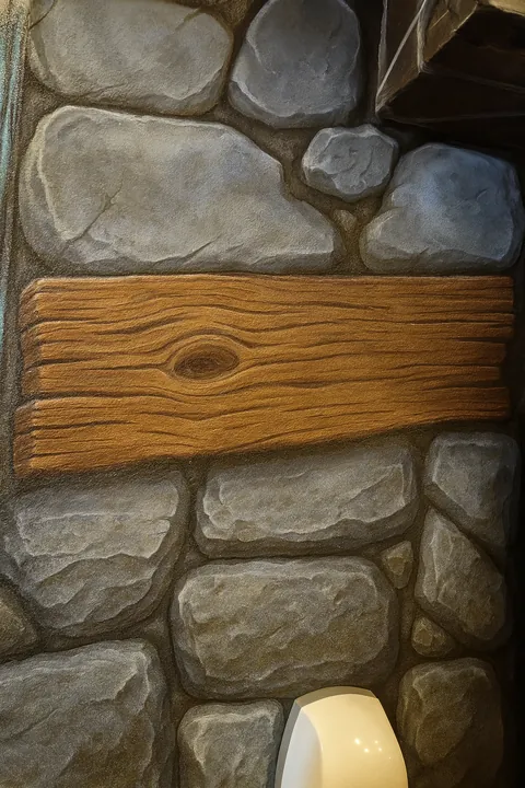 Close-up wall mural showing realistic painted stone blocks and wood grain beam