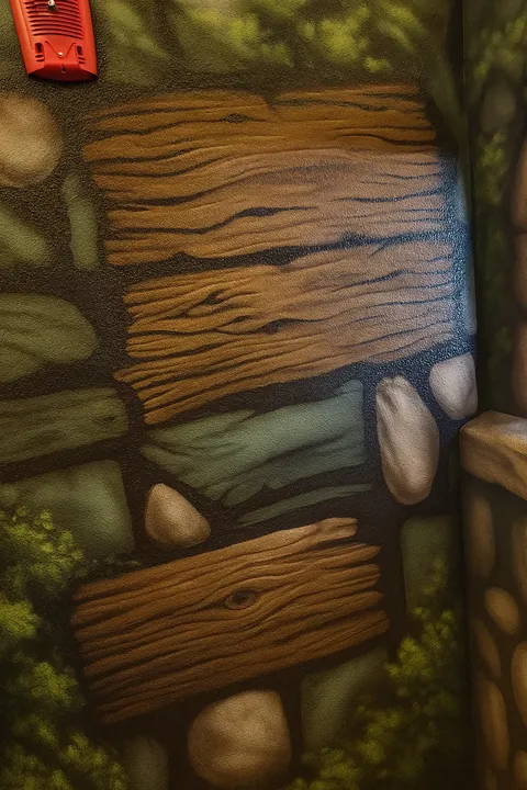 Themed mural detail with painted wood grain, stone, water and moss textures