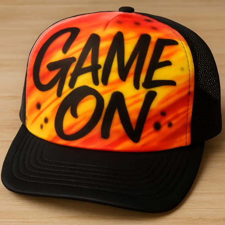 Orange and black personalized airbrush trucker hat reading Game On