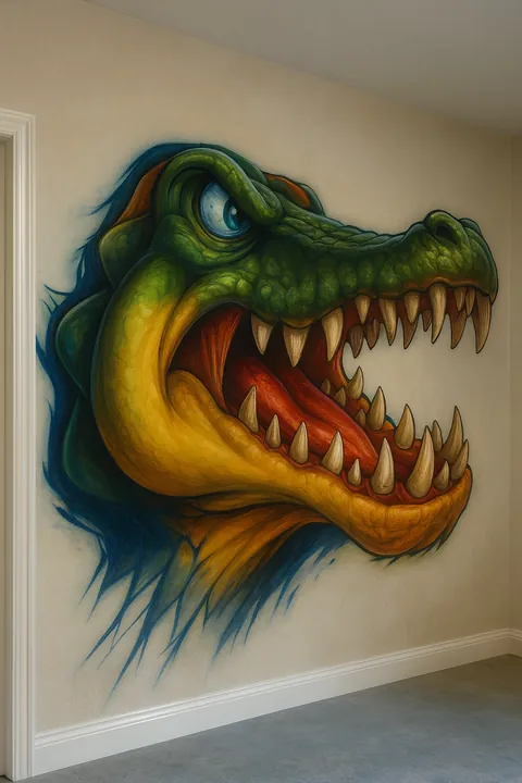 Large green alligator head mural with open mouth painted on an interior wall