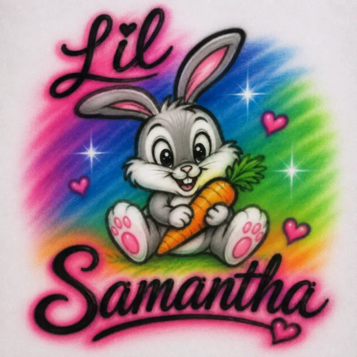 Lil Samantha personalized baby bunny and carrot airbrush design with hearts and bright spray color