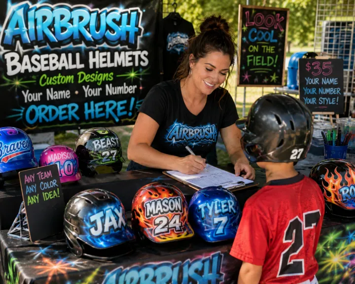 Live youth baseball helmet airbrush order station with custom painted helmets and team personalization