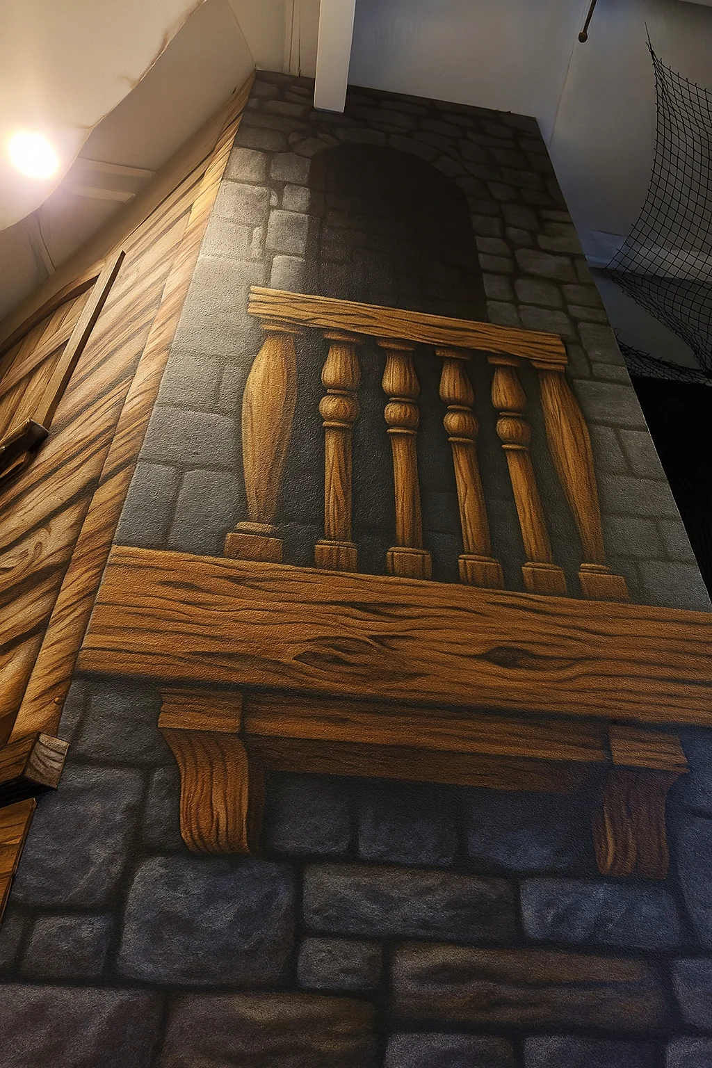 Tall medieval castle mural with stone arch, wood balcony railing and faux timber details