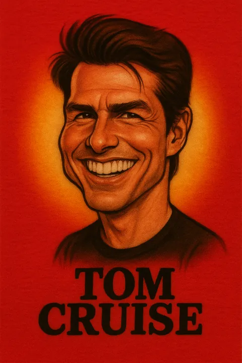 High-detail smiling male pop-culture portrait rendered with an orange airbrush background