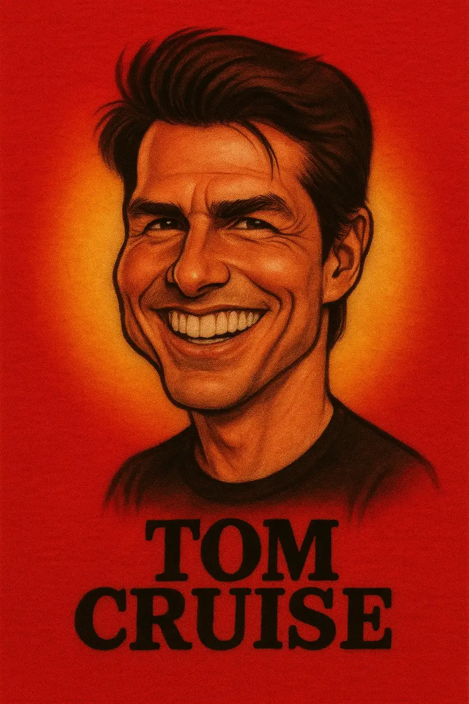 High-detail smiling male pop-culture portrait rendered with an orange airbrush background