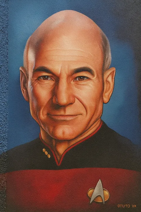 Detailed science-fiction captain portrait rendered in an airbrush illustration style