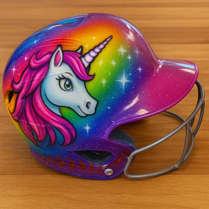 Colorful unicorn airbrush artwork on a pink rainbow baseball helmet
