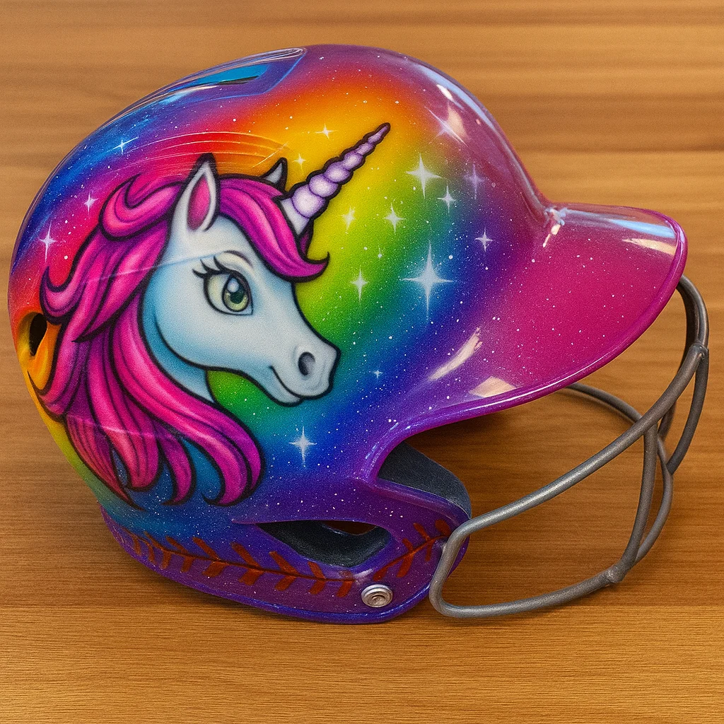 Rainbow unicorn custom painted baseball helmet
