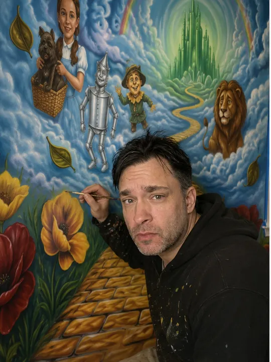 Mural artist painting a colorful Wizard of Oz themed wall mural with yellow brick road and Emerald City