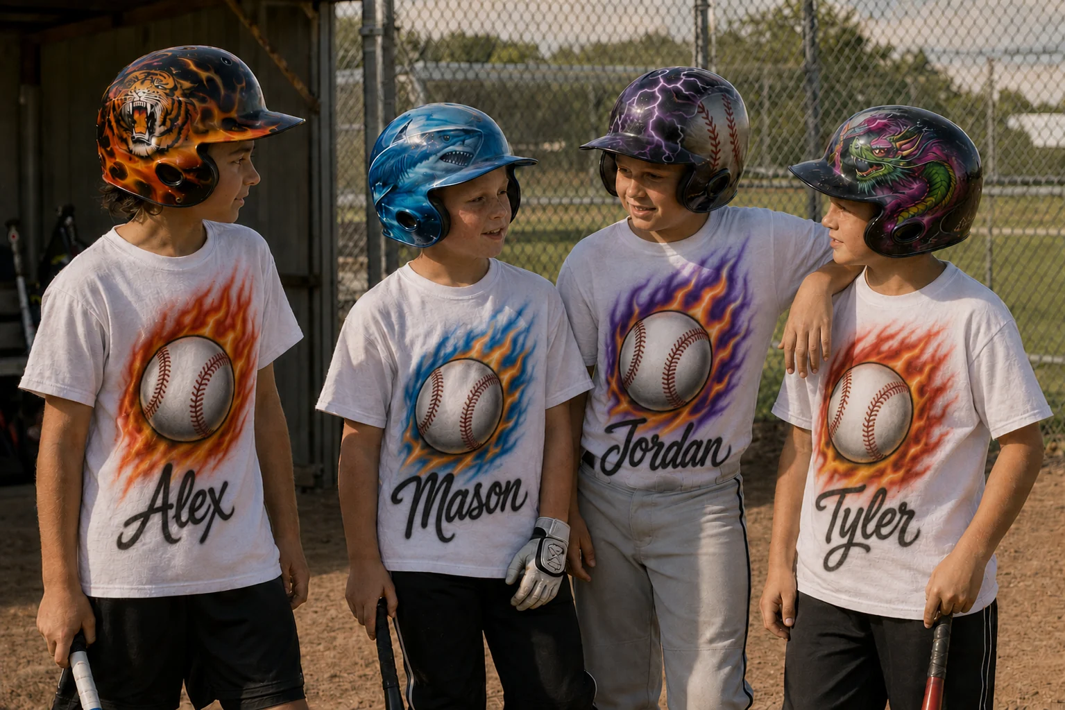 Youth baseball players wearing personalized airbrush shirts and painted helmets